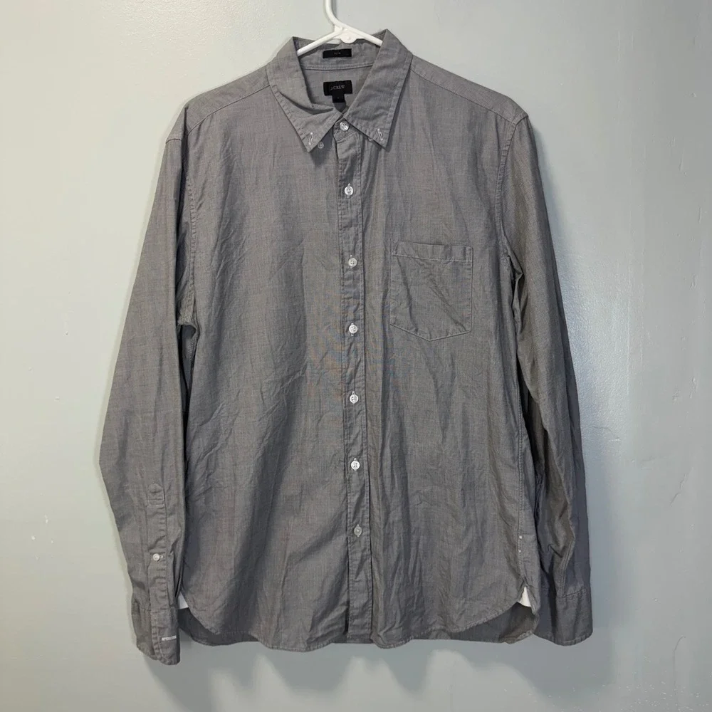 J Crew Mens Slim Fit Button Down Shirt Grey Cotton Large 31187 Business Office